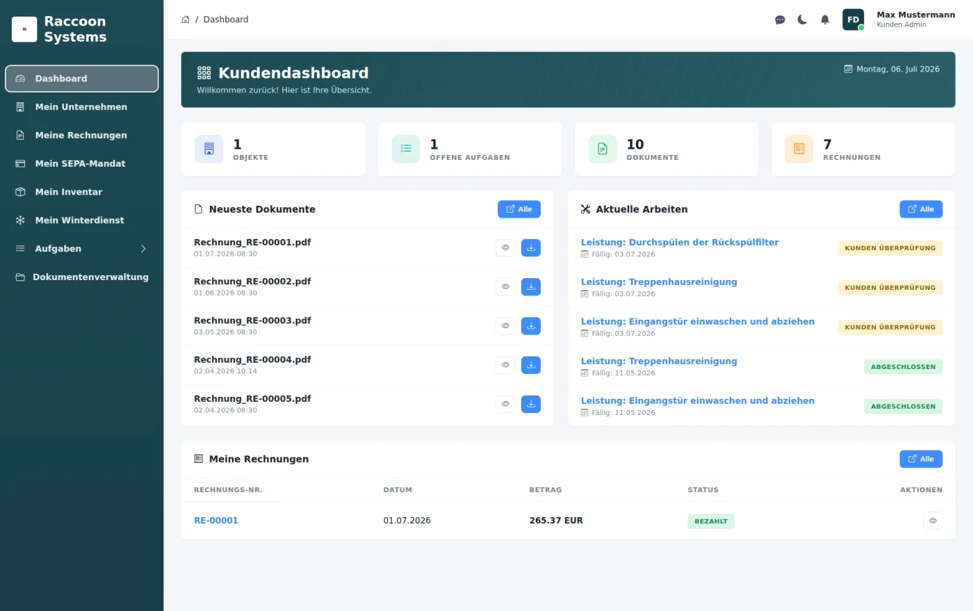 Kundendashboard des Raccoon Facility Portals mit aktuellen Arbeiten, Dokumenten und Rechnungen