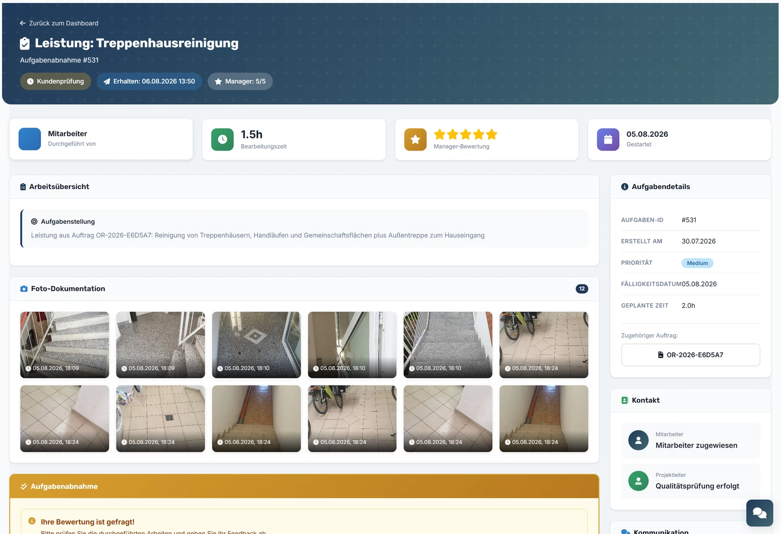 Aufgabenabnahme im Kundenportal: Statusleiste, Bearbeitungszeit, Manager-Bewertung, zwölf Fotos der erledigten Arbeit und der Aufruf zur eigenen Bewertung