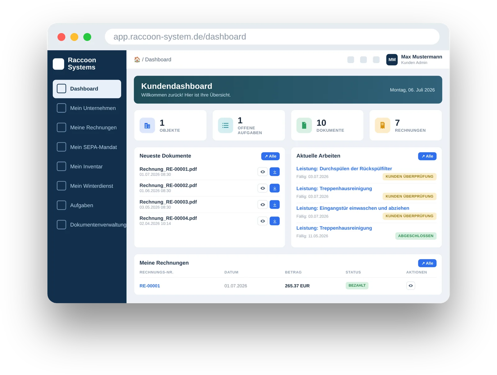 Kundendashboard im Raccoon System: Objekte, offene Aufgaben, Dokumente und Rechnungen mit den neuesten Dokumenten und aktuellen Arbeiten